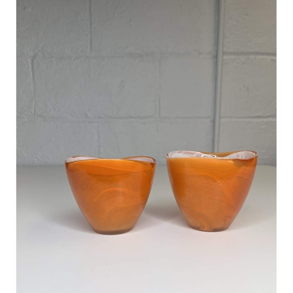 Anthropologie Art Glass Orange Swirl Votive Tea Light Candle Holder SET‎ OF 2 - Picture 5 of 13